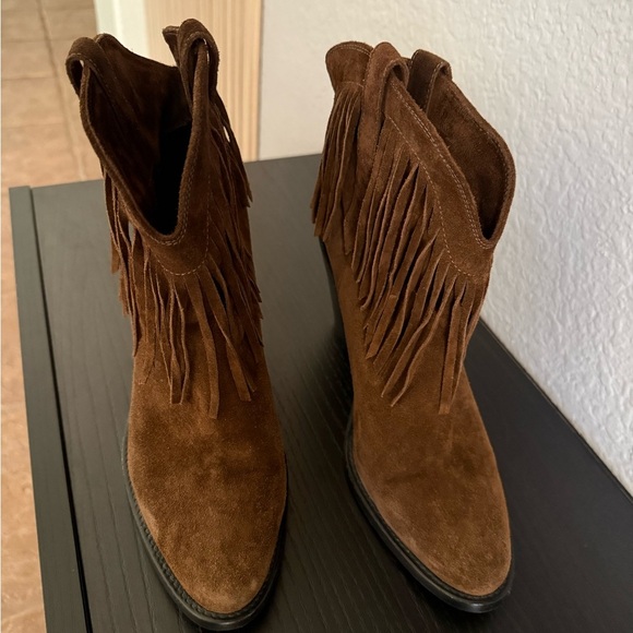 Saint Laurent Brown Fringe Suede Heeled Boots - Picture 4 of 12